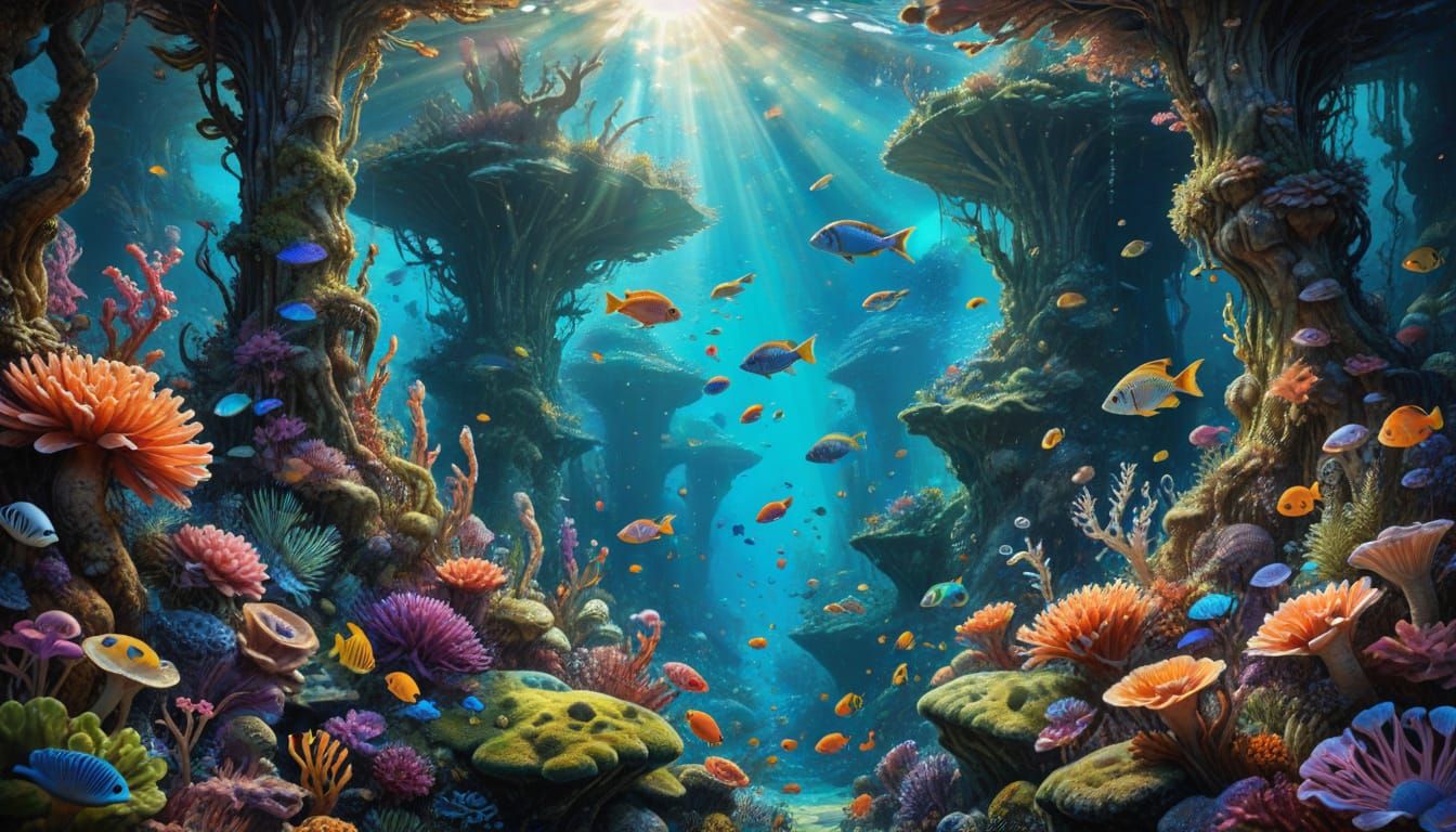 Vibrant Coral Reef Scene in Maximalist Style