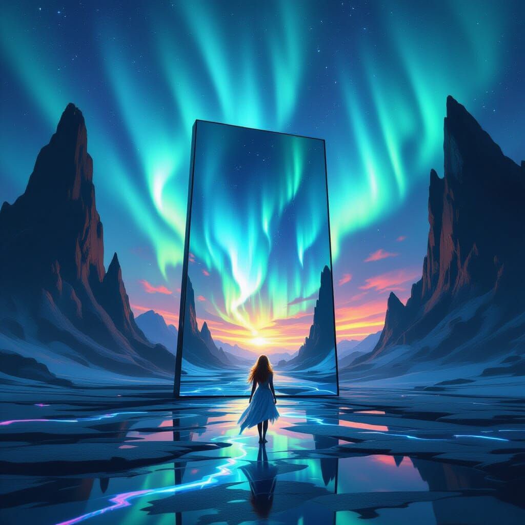 Optical Surrealism: Fairy and Fox in Aurora Landscape