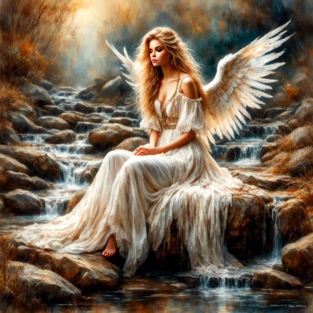 Ethereal Angel by Creek in Antique Watercolor Style