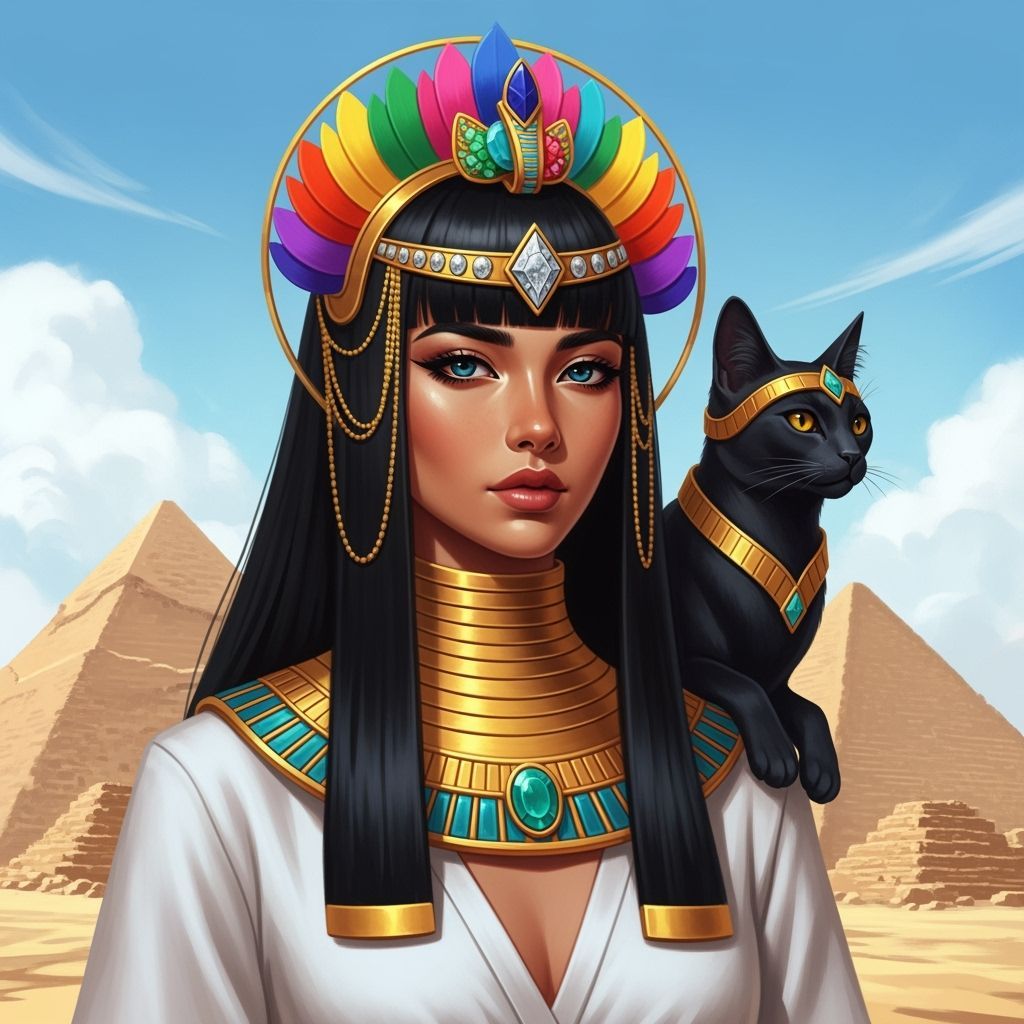 Egyptian Pharaoh Portrait with Black Cat as Digital Oil Pain...