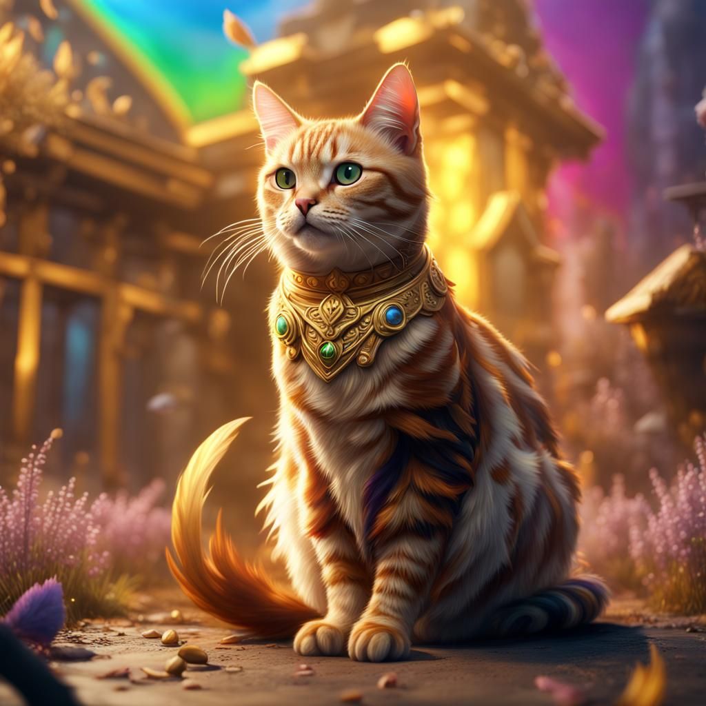 Rainbow Tabby Cat with Gold Chicken Background