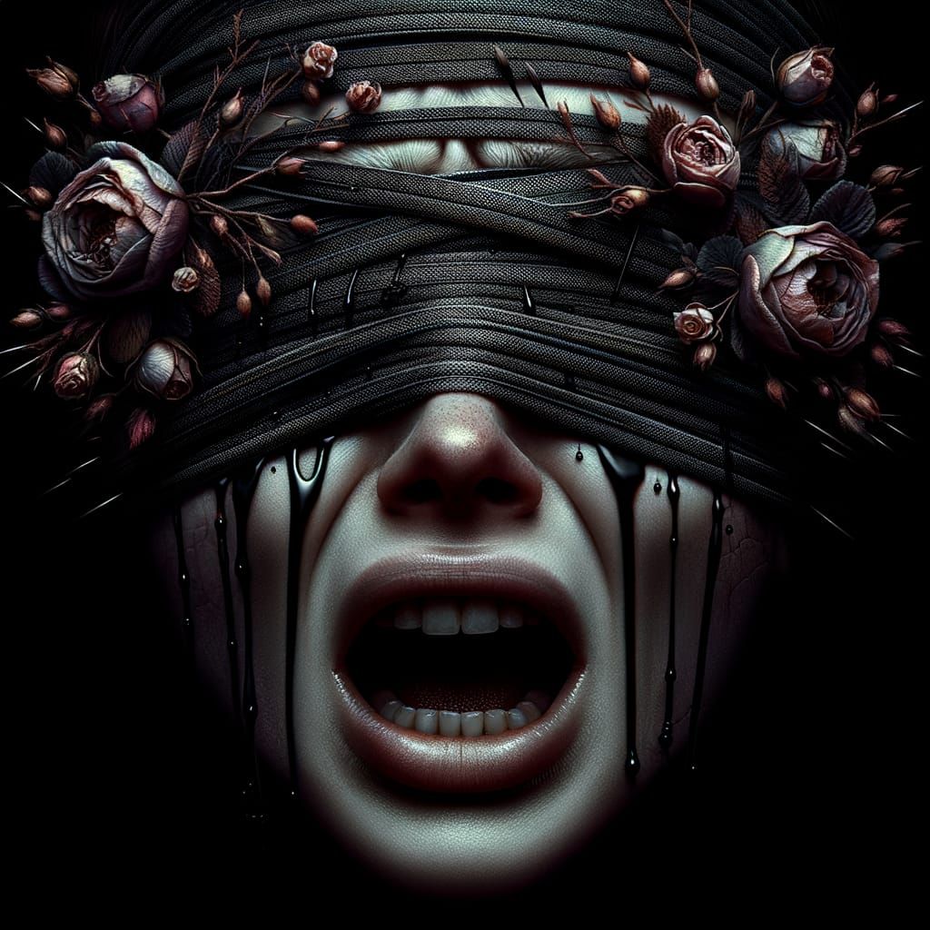 Distressed Woman's Tormented Portrait in Dark, Floral Beauty