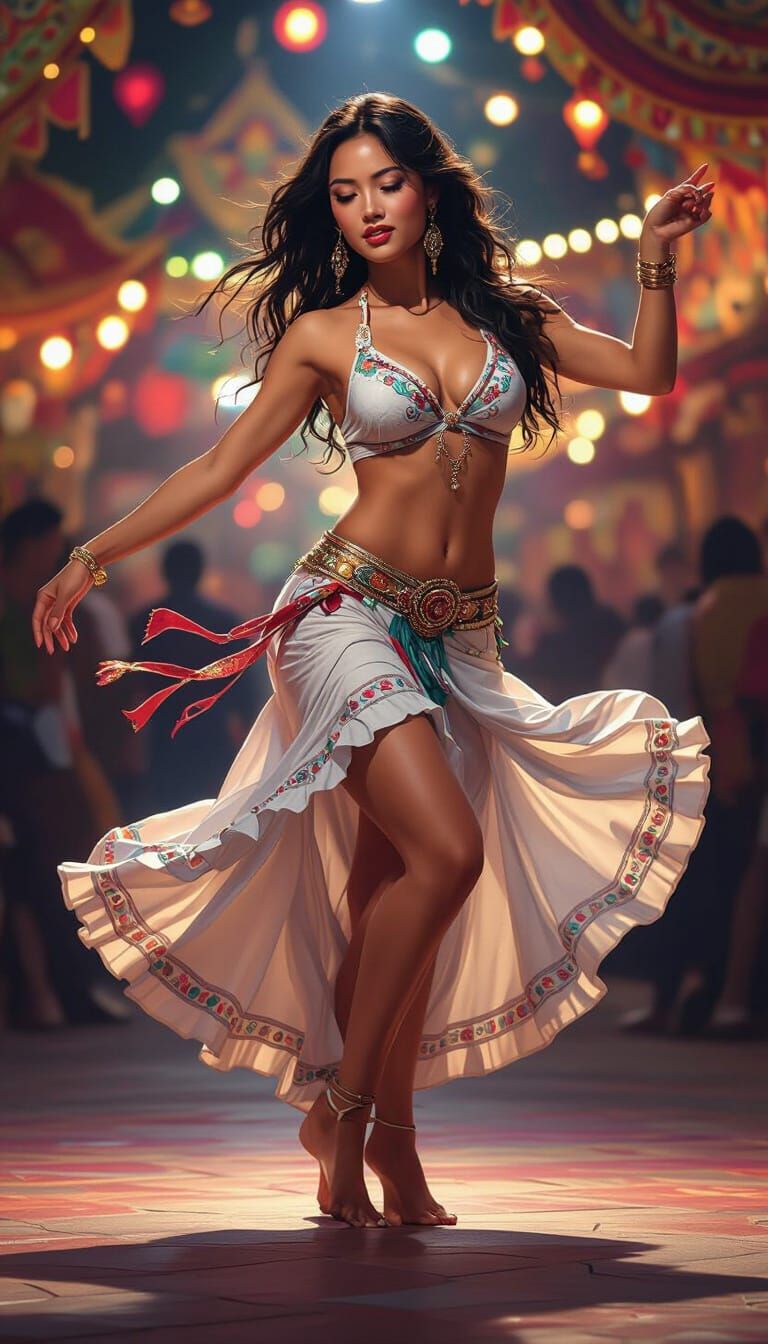 Asian Woman Dancing Samba in Carnival Scene