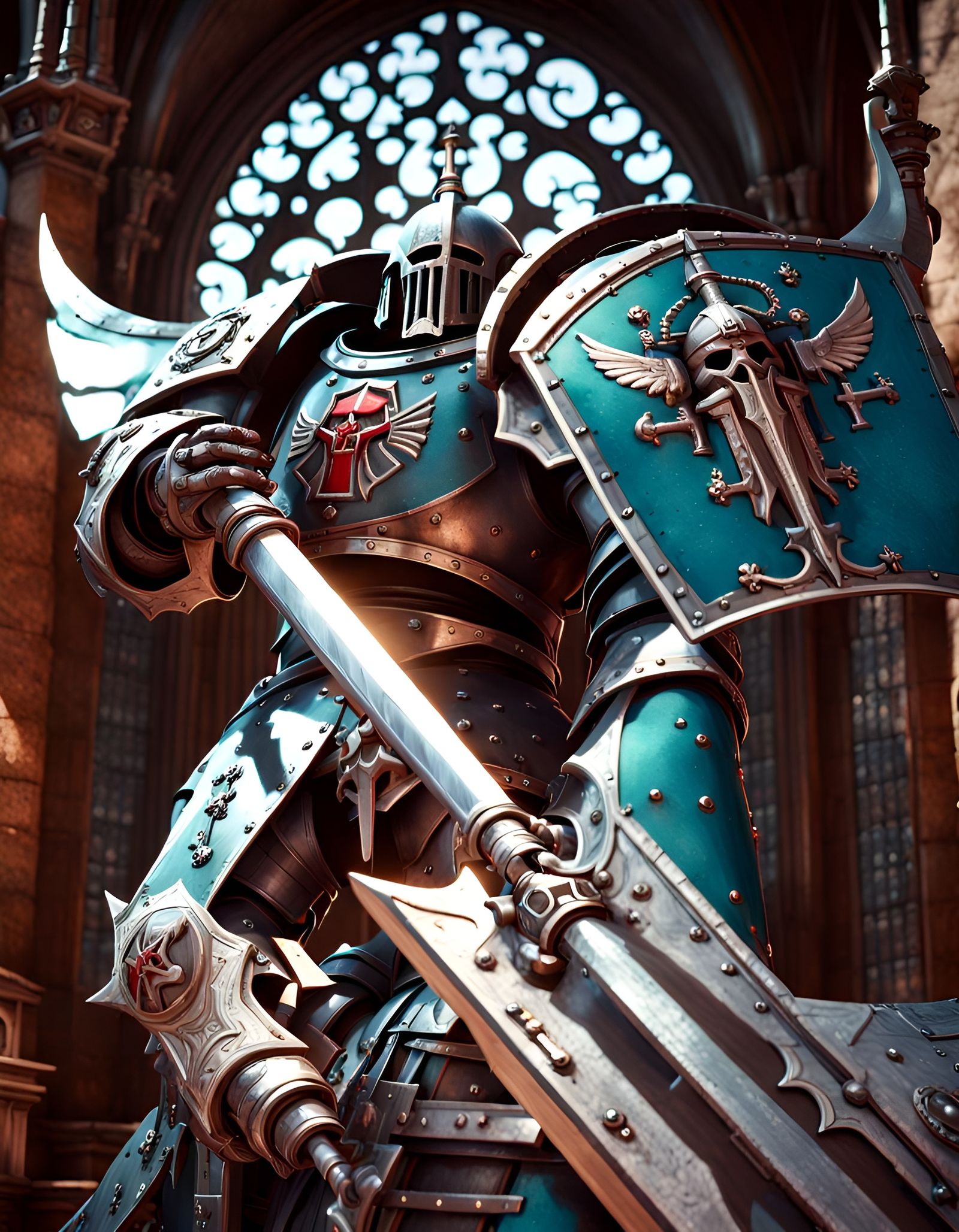 Imperial Knight in Gothic Church, 3D Cinematic Render