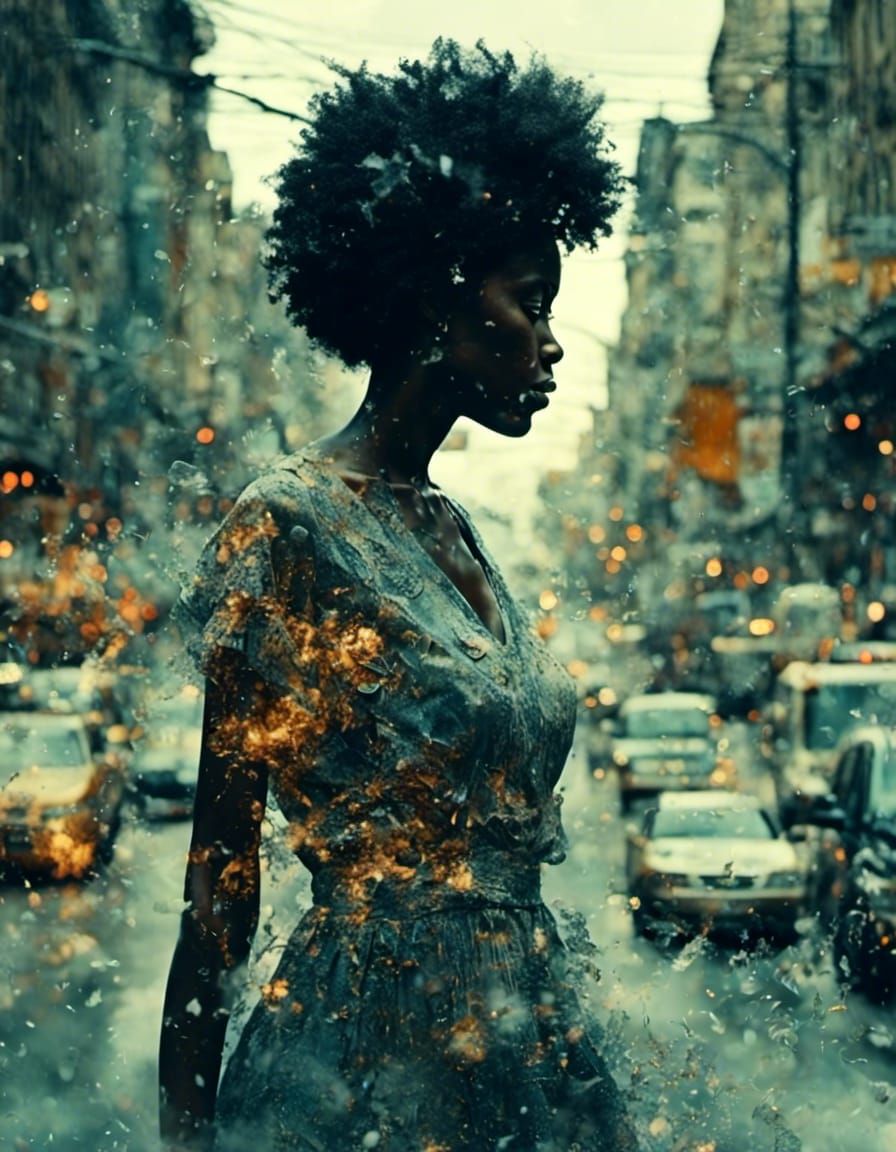 Double Exposure of Woman Walking Downtown