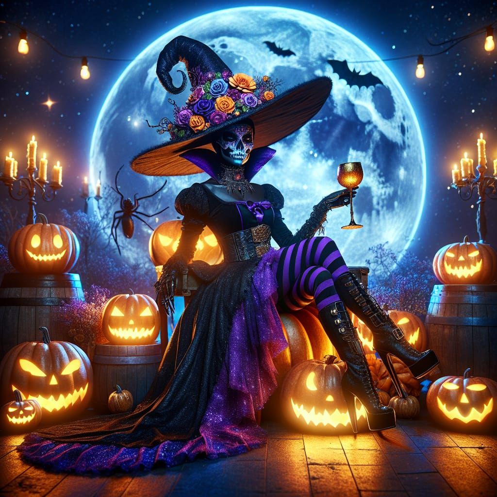 Halloween Witch on Glowing Pumpkin Under Blue Moon