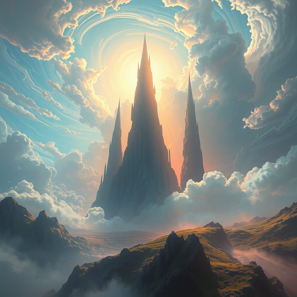 Ethereal Landscape with Swirling Clouds and Spires