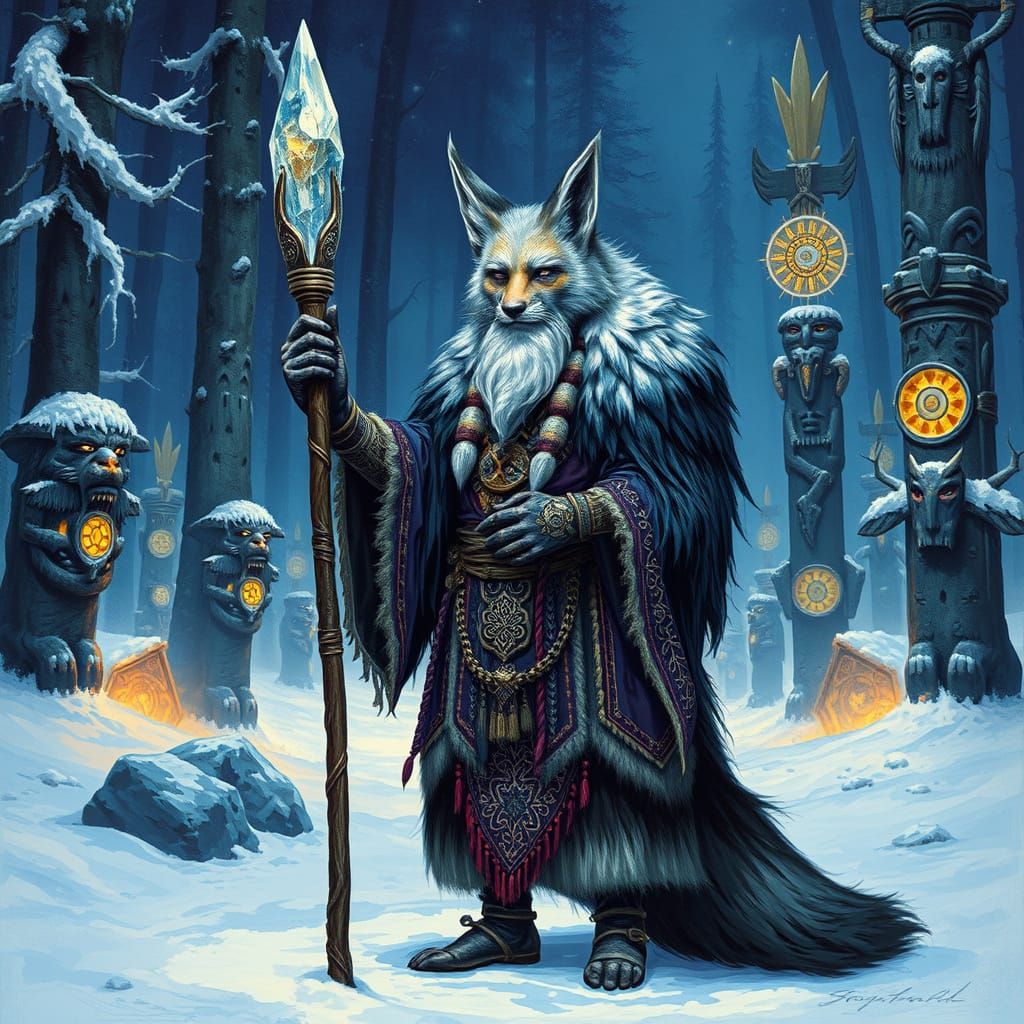 Arctic Fox Shaman in Mystical Forest