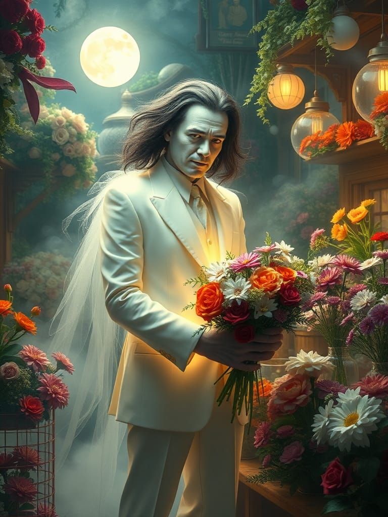 Ethereal Tommy Wiseau in a Mystical Flower Shop