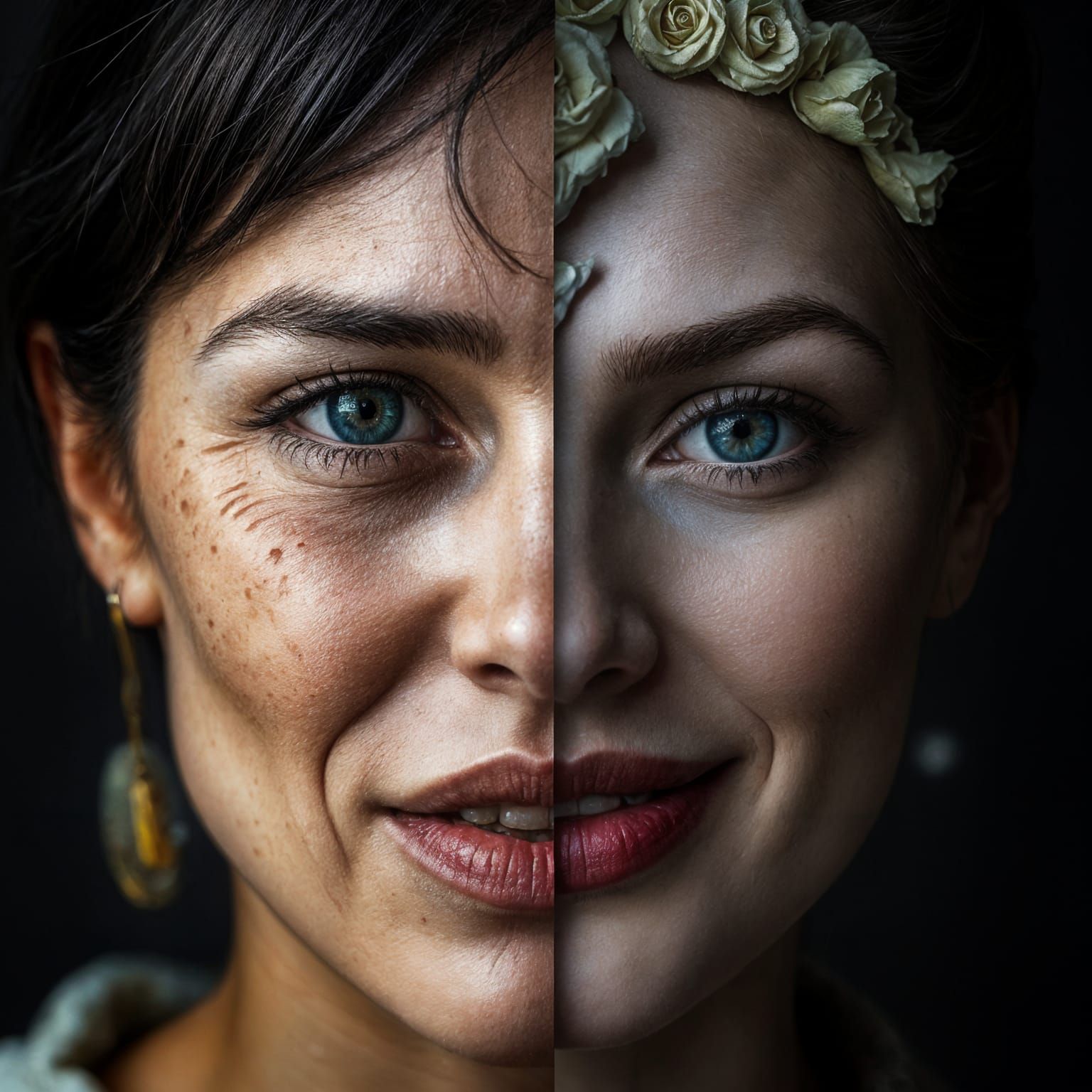Duality of Beauty: A Split Portrait in Detailed Matte Painti...