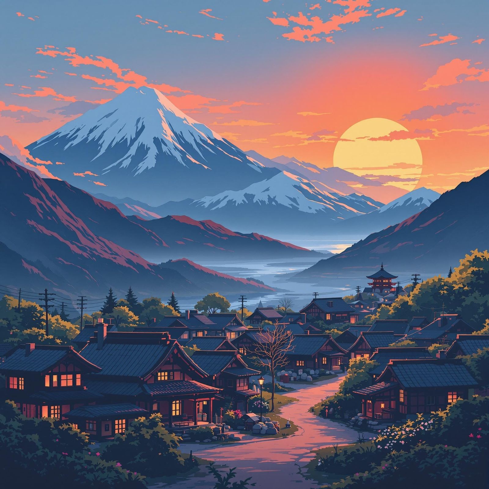 Japanese Village Sunset in Ukiyo-e Style