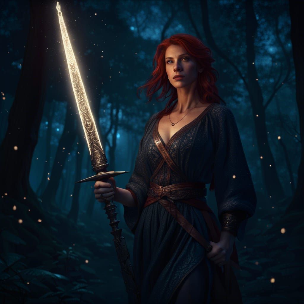 tall beautiful auburn hair woman holding ancient magic sword slowly walking in woods at night stars hyper detail good co...