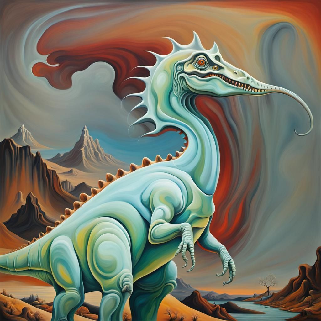 Surreal Dinosaur in Melting Oil on Canvas Style