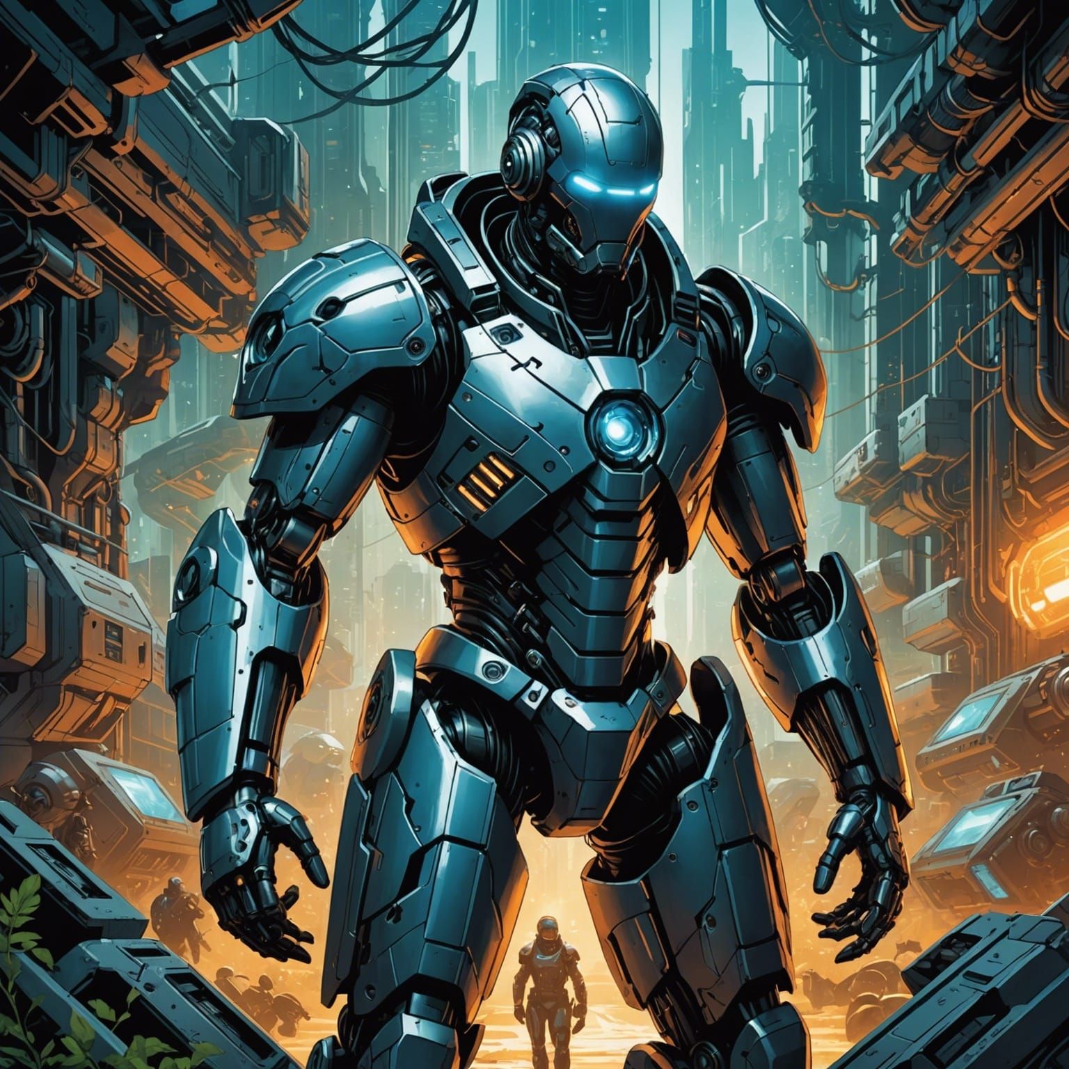 Cybernetic Being in Comic Book Art Style