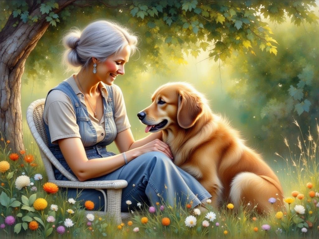 Elderly Woman Stroking Golden Retriever as Oil Painting
