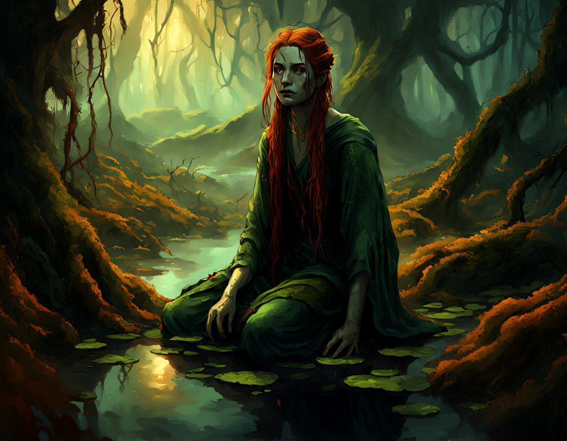 Dark Fantasy Woman in Mossy Swamp, Hyperrealistic Digital Ar...
