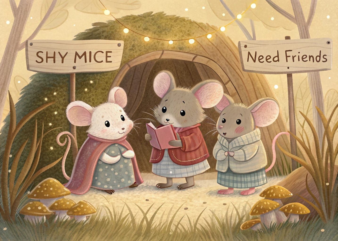 Shy Mice Seek Friends: Storybook Watercolor Illustration