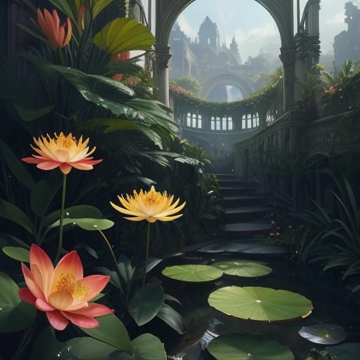 Giant Australian Lily and Lotus Flowers in Art Nouveau Style