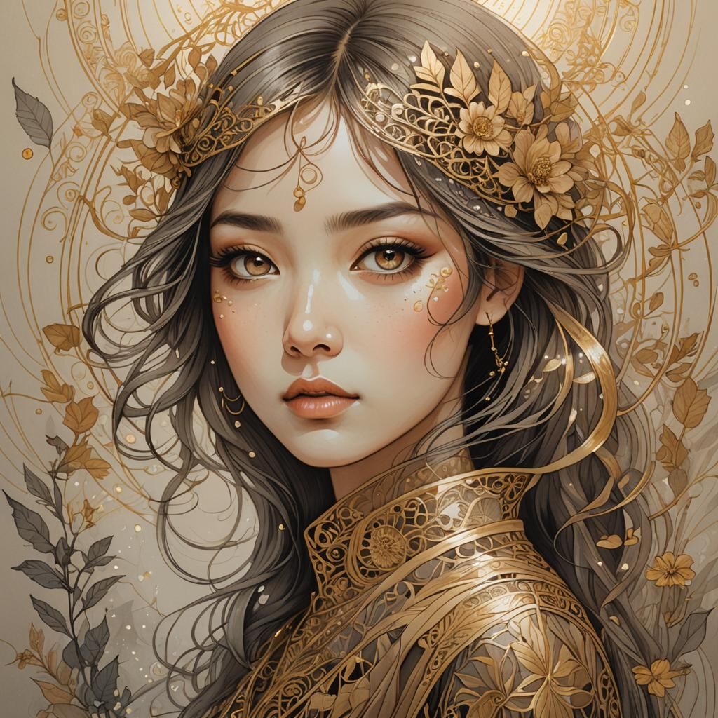 Mystical Gold Portrait in Audrey Kawasaki Style