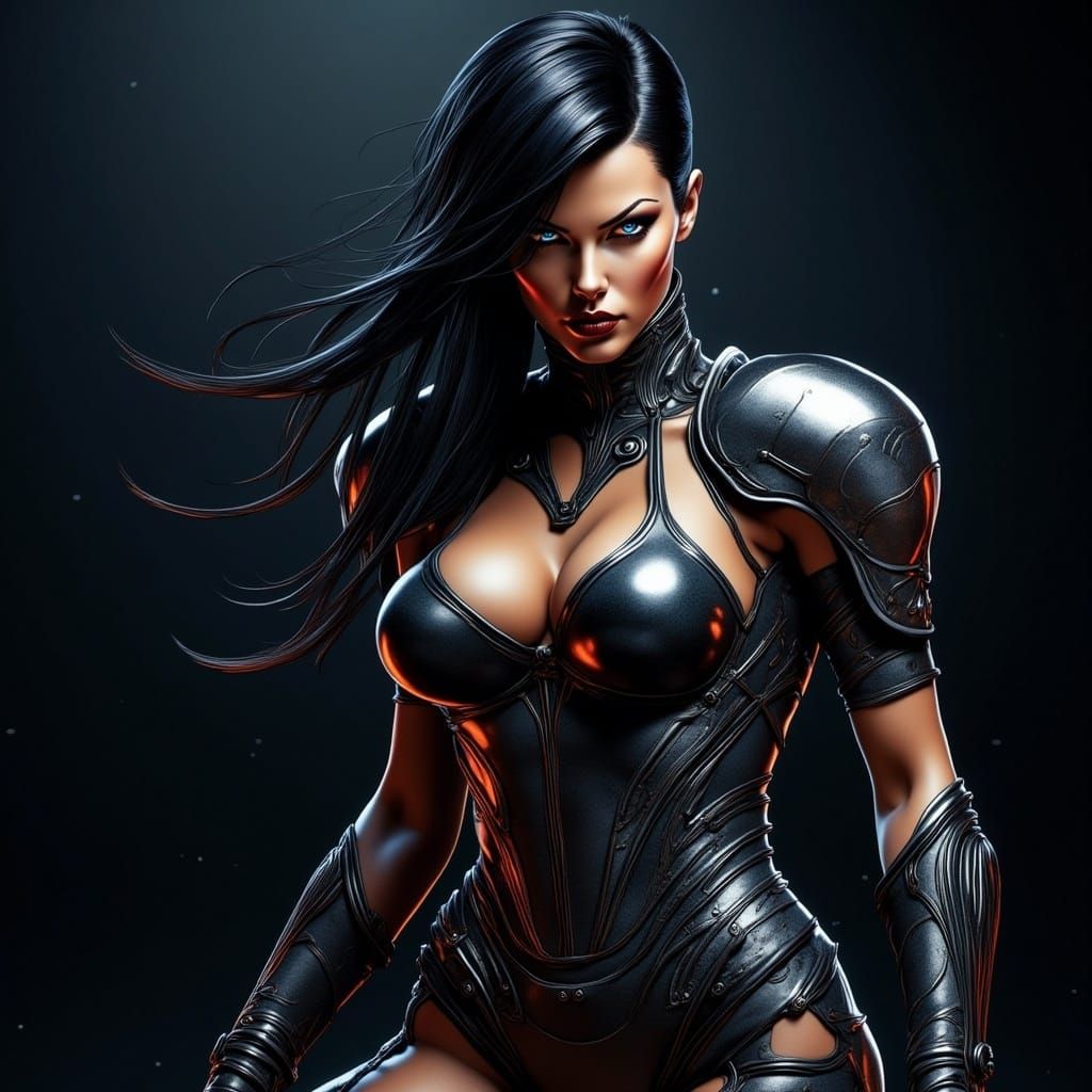 Surreal Futuristic Warrior in Dark, High-Contrast Landscape