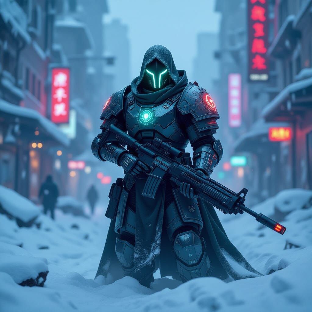 Cyberpunk Knight Guards Snowy Cityscape with Glowing Runes