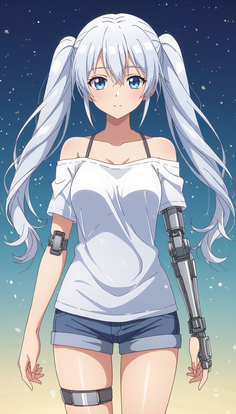 Anime Girl With White Twintails and Blue Eyes