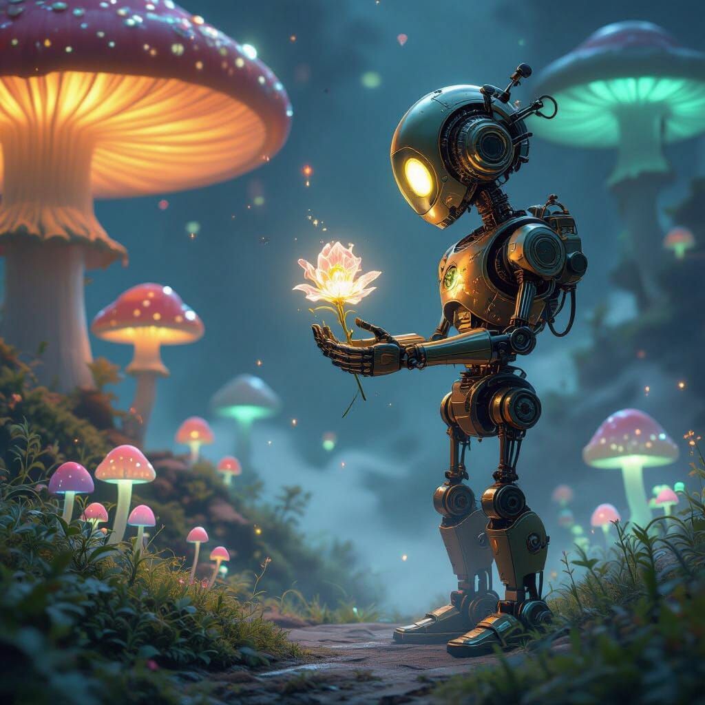 Steampunk Automaton in Bioluminescent Mushroom Village