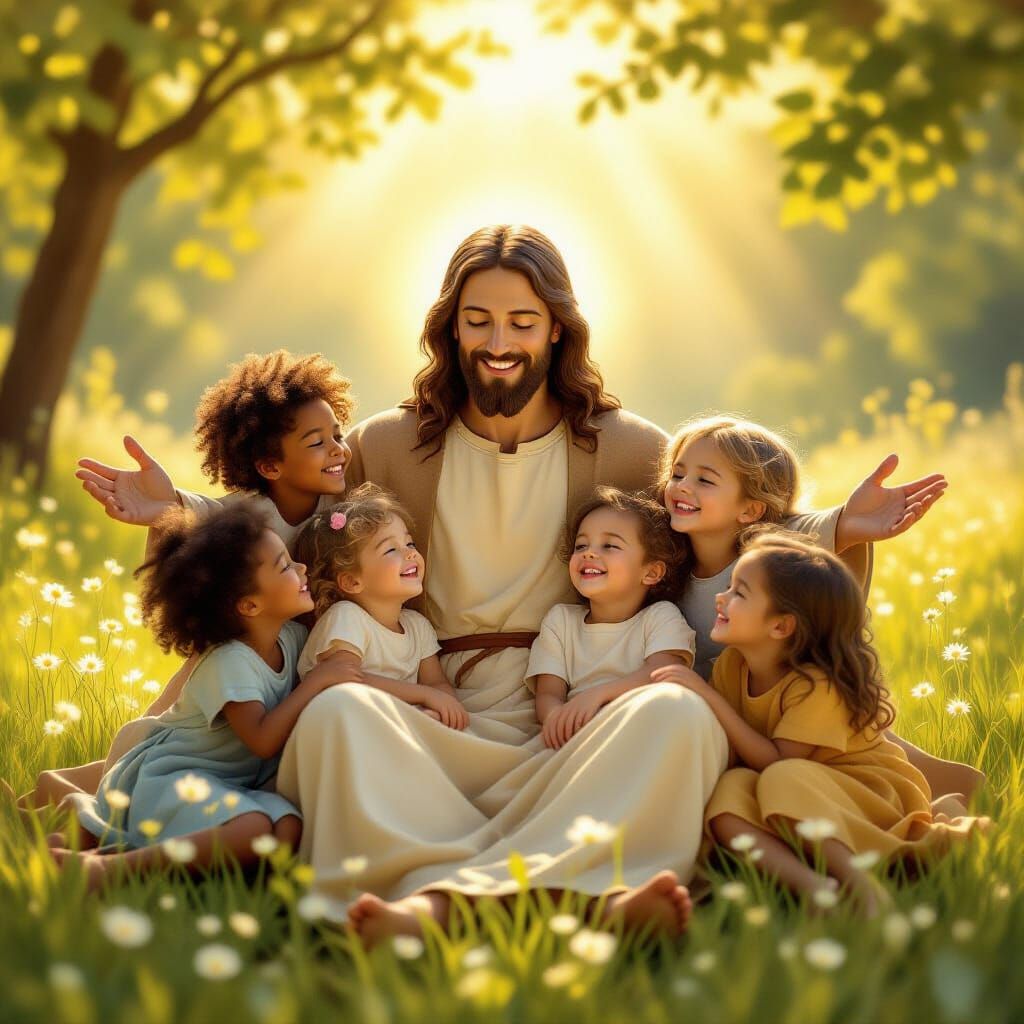 Children on Jesus's Lap in Sunlit Meadow