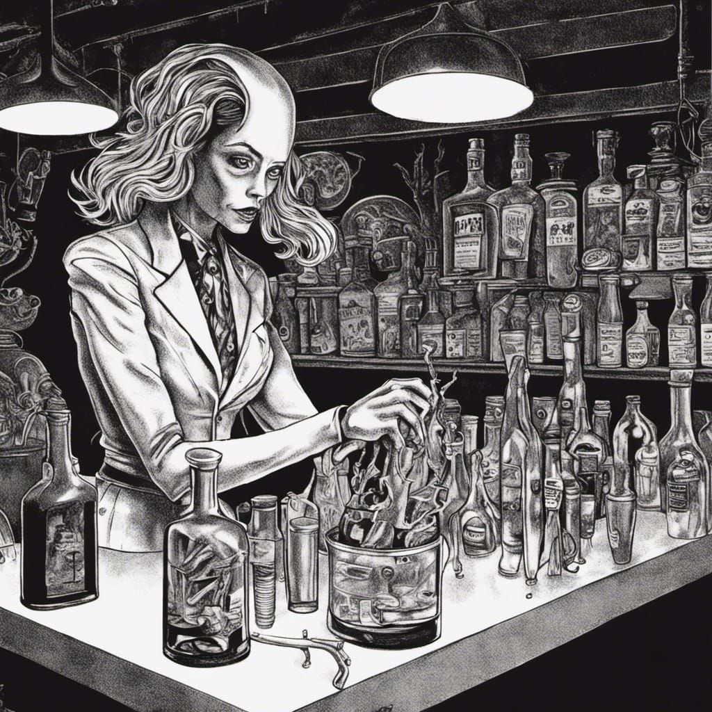 Alien Bartender in Film Noir as Surreal Ink Drawing