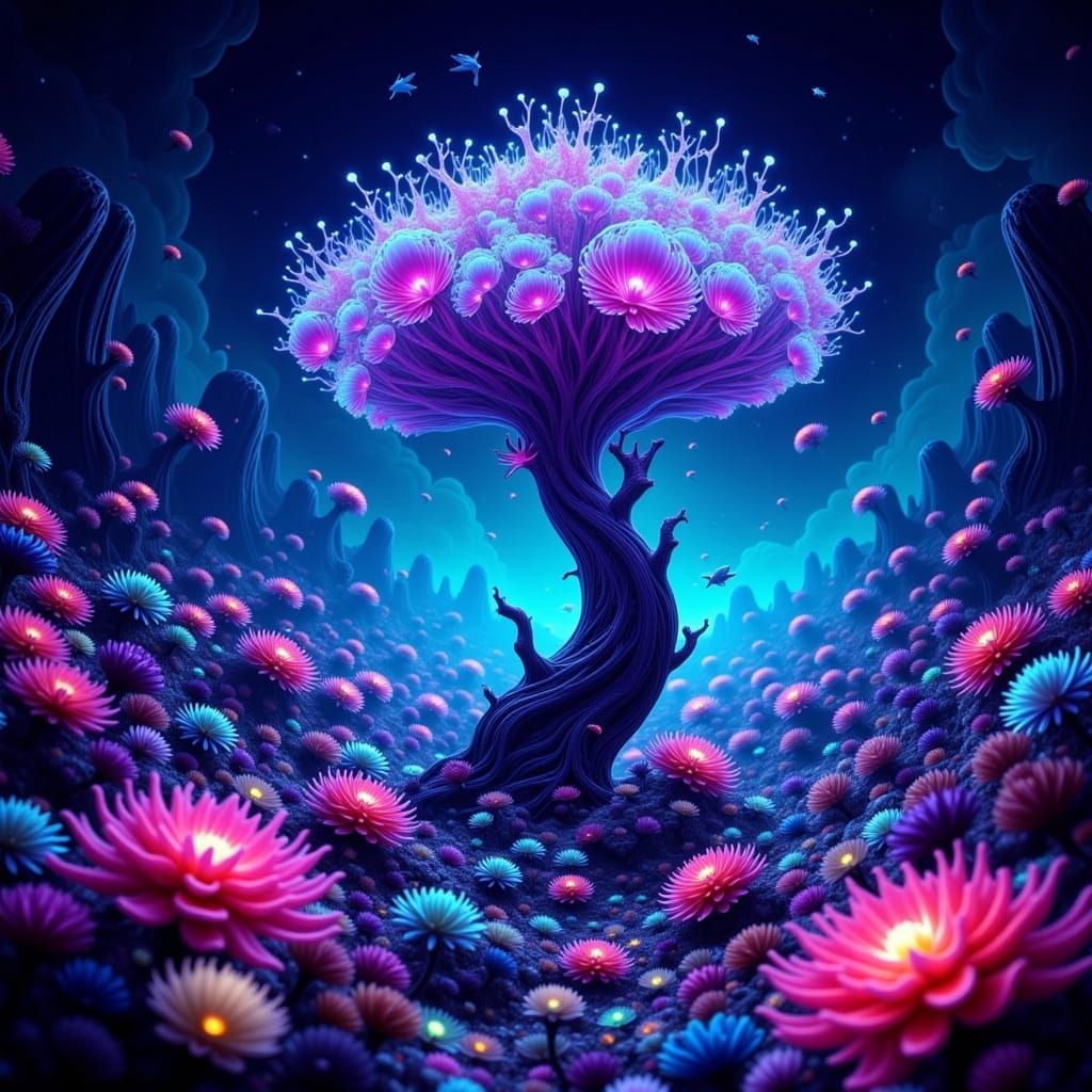 Bioluminescent Alien Coral Reef With Fantastical Creatures