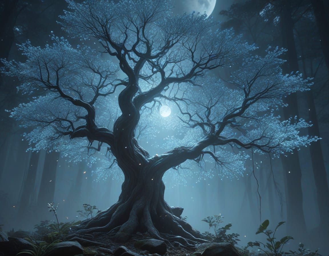 Ethereal Forest Scene with Glowing Crystal Tree