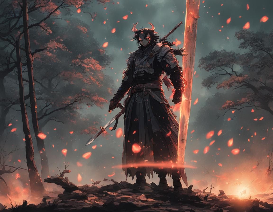 Demon Slayer in Misty Forest: Dark Fantasy Anime Art