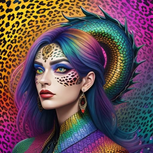 Rainbow Dragon Woman: Holographic Cosmic Illustration