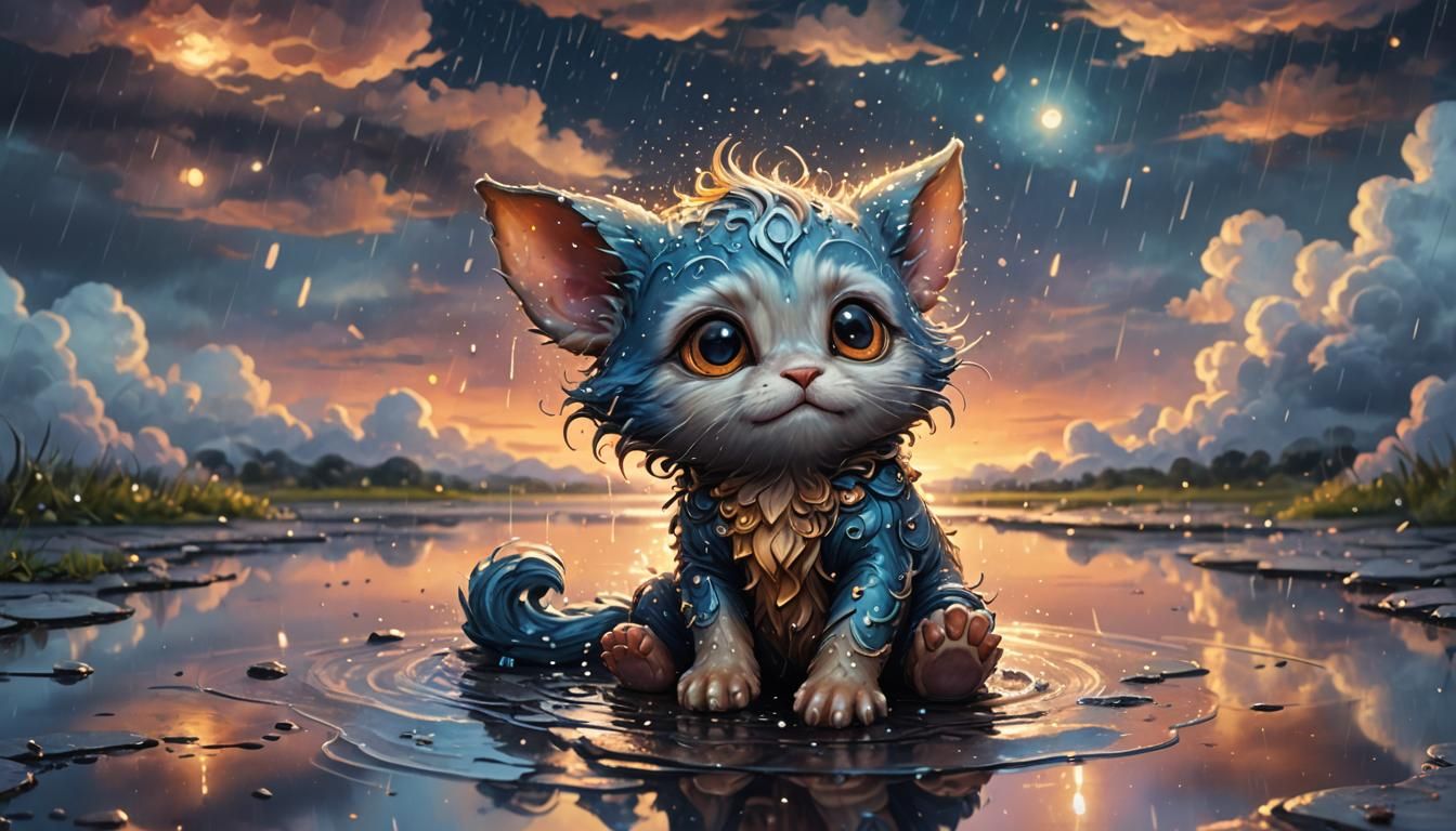 Cute Creature in Rainy Sunset Oil Painting