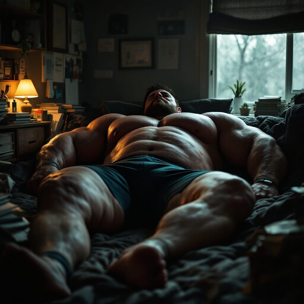 Giant Rugby Player in College Dorm, Cinematic Style