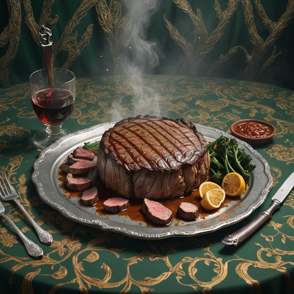 Steaming Ribeye Steak on Silver Platter