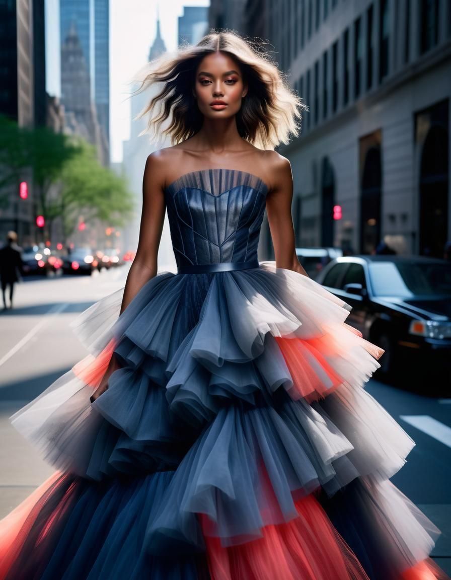 American Model in Neon Coral Tulle Gown