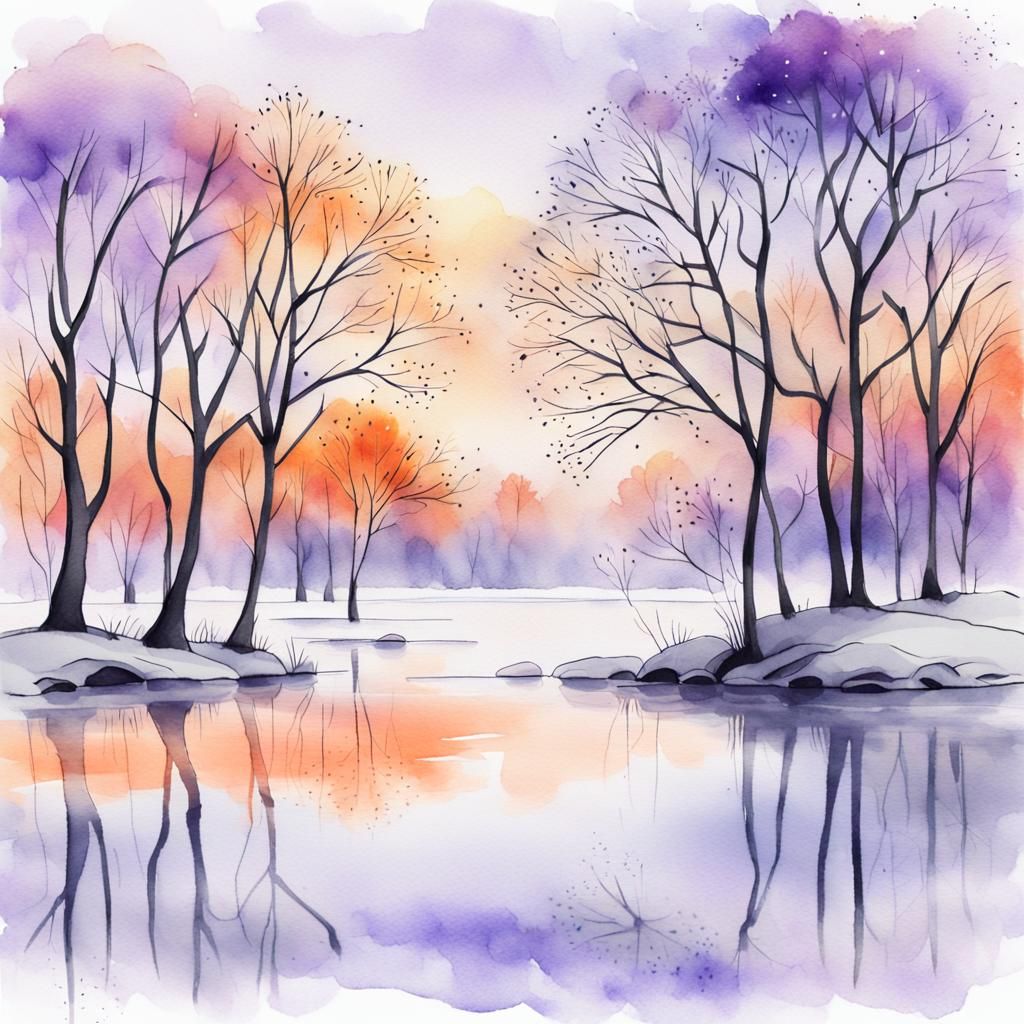 Serene Winter Landscape in Watercolor Style