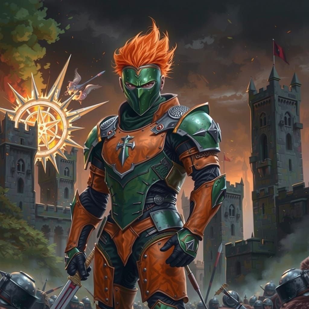 Warrior with Green Mask in Classical Oil Painting Style