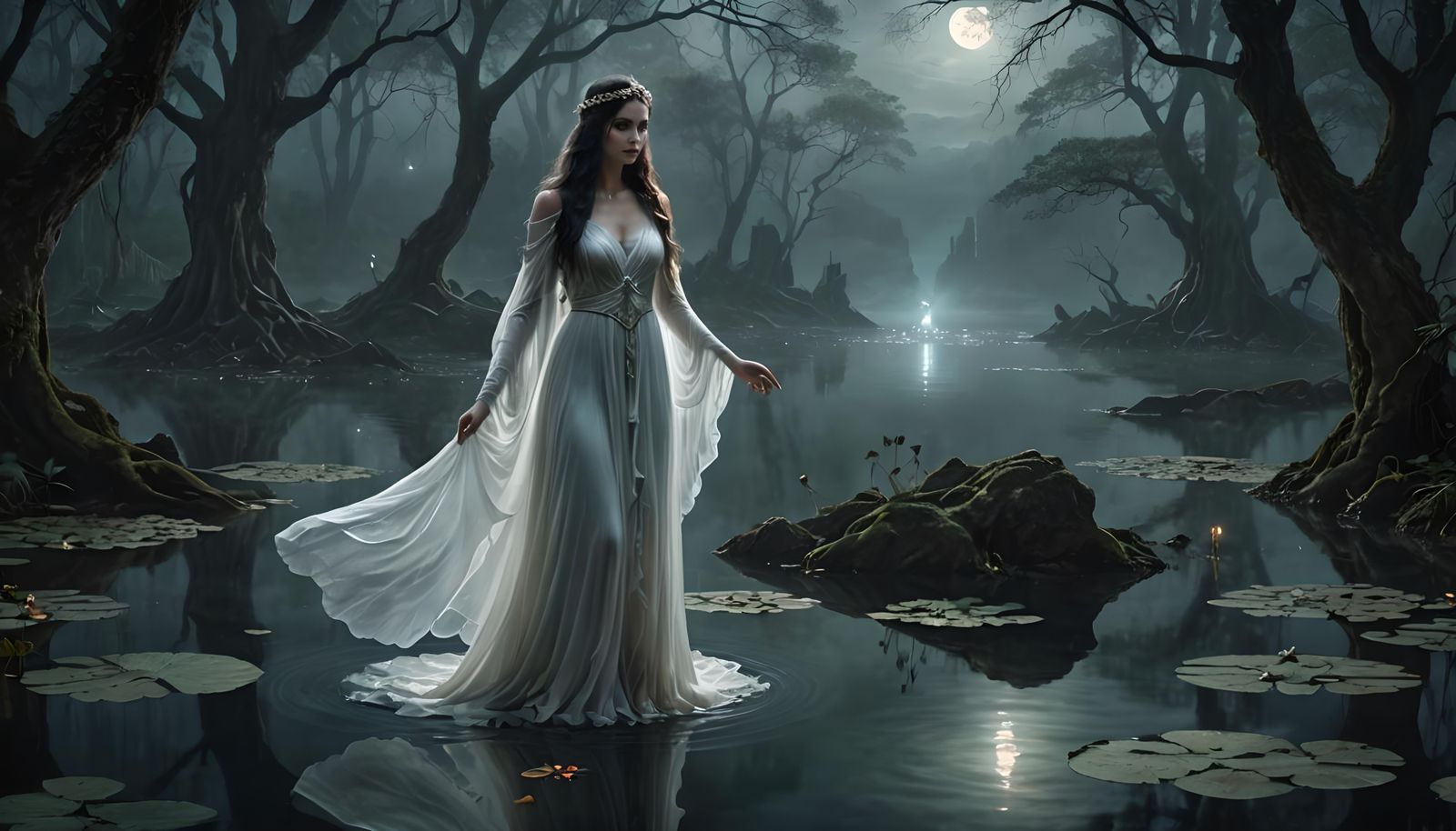 Ethereal Ghost Maiden in Misty Lake: Dark Fantasy Art