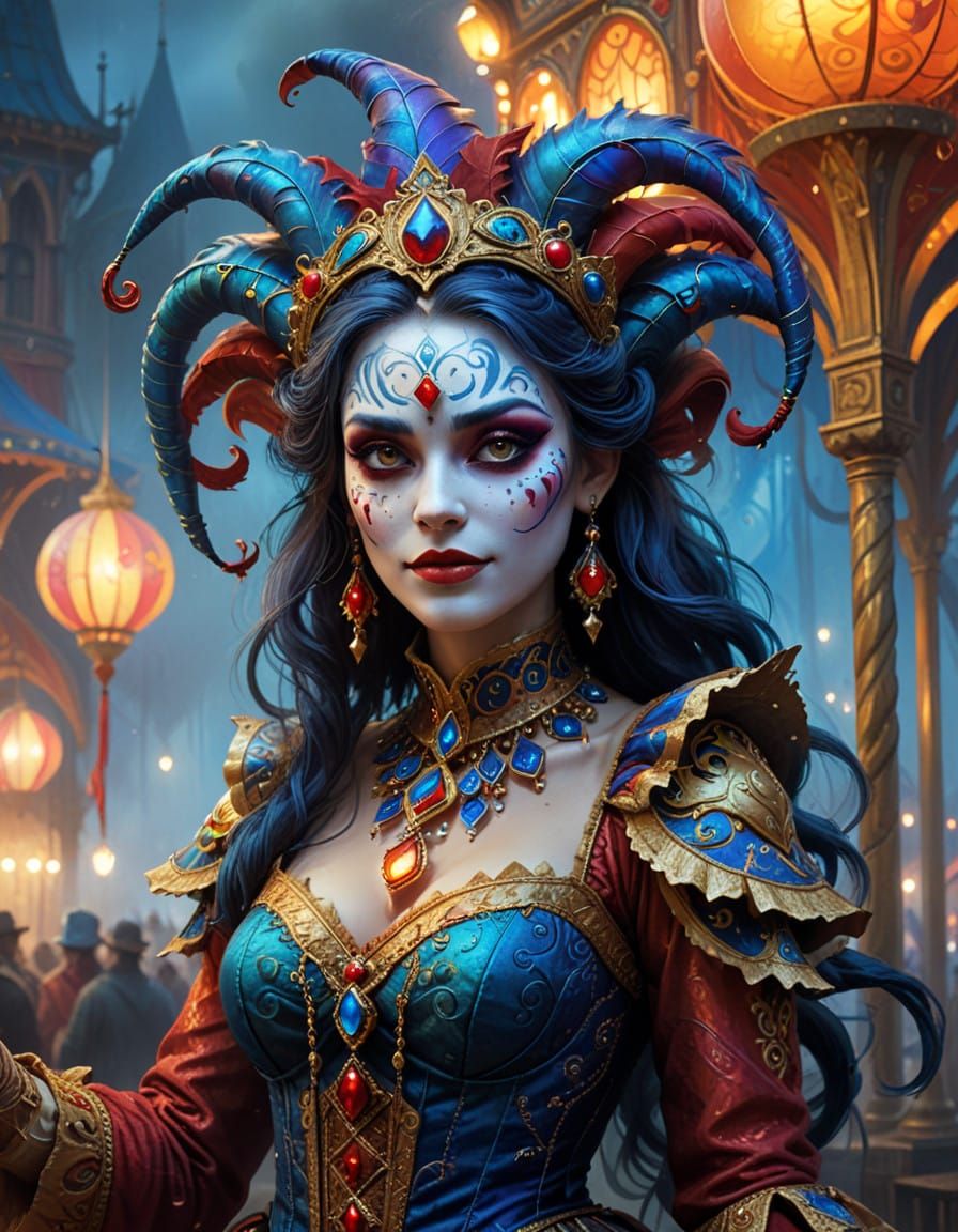 Whimsical Jester Girl in a Vibrant, Enchanted Carnival Scene