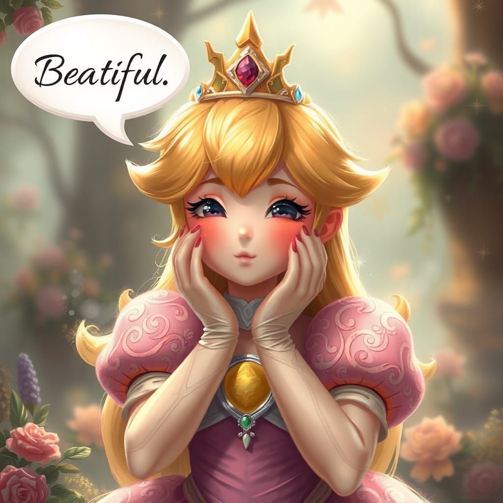 Princess Peach Blushing in Ethereal Fantasy Style