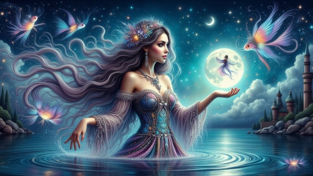 Moonlit Water Witch Conjuring Ethereal Fish