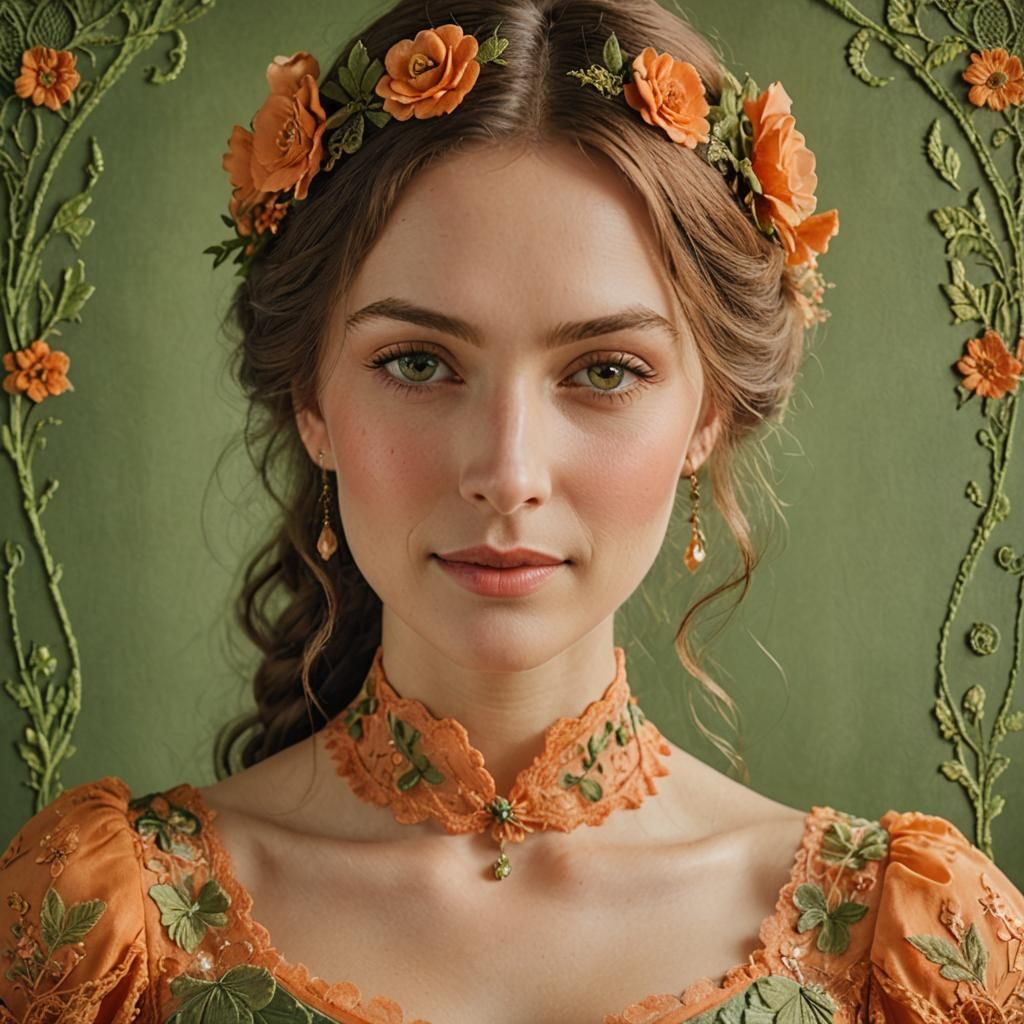 Victorian Lady Portrait with Green Lace and Floral Gown