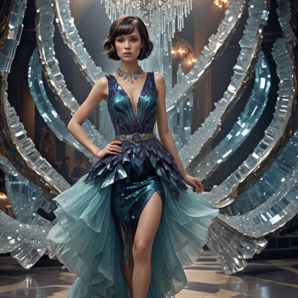 Woman in Crystal Dress in Ballroom