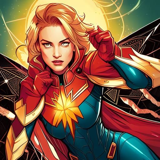 Steampunk Captain Marvel Digital Painting with Golden Outlin...