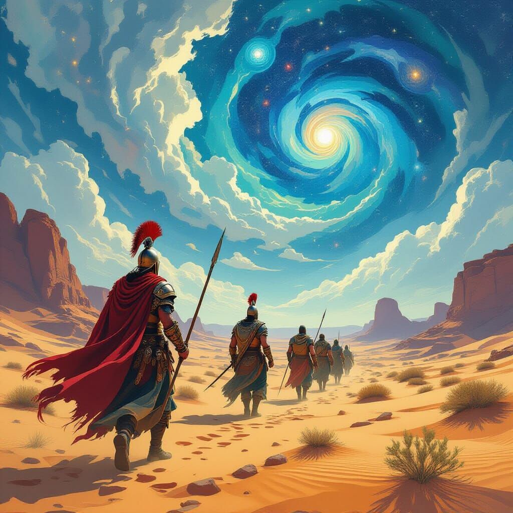 Centurion Leads Warriors Through Surreal Desert Landscape