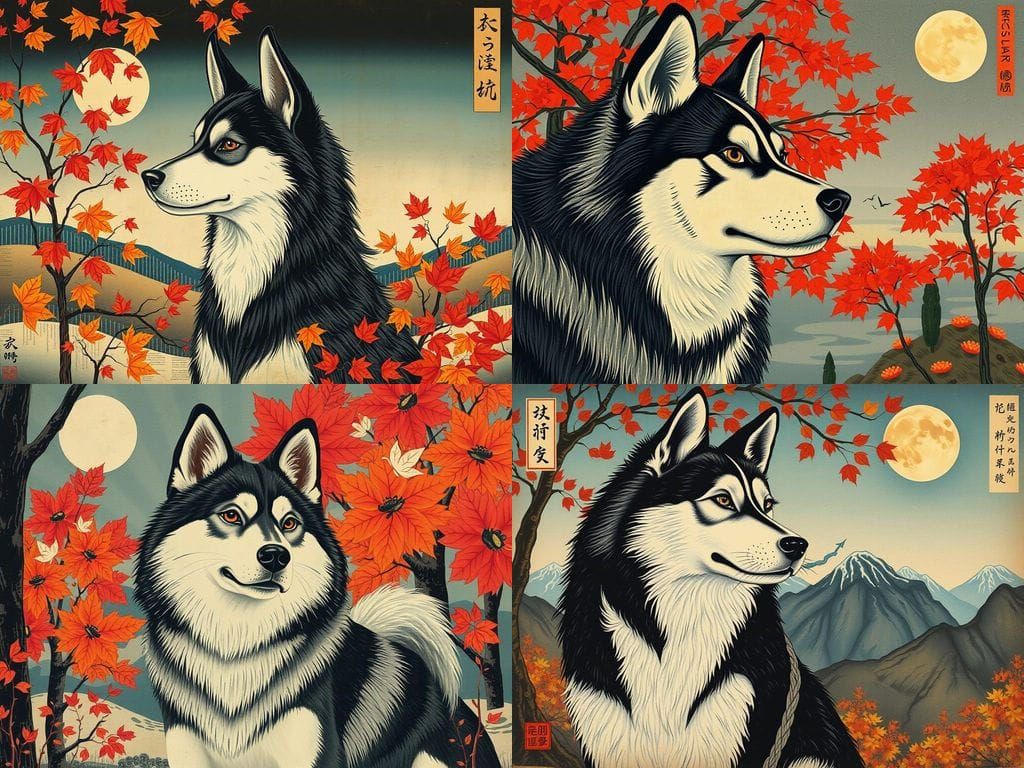 Surreal Cubist Alaskan Malamute in Japanese Mythical Autumn ...