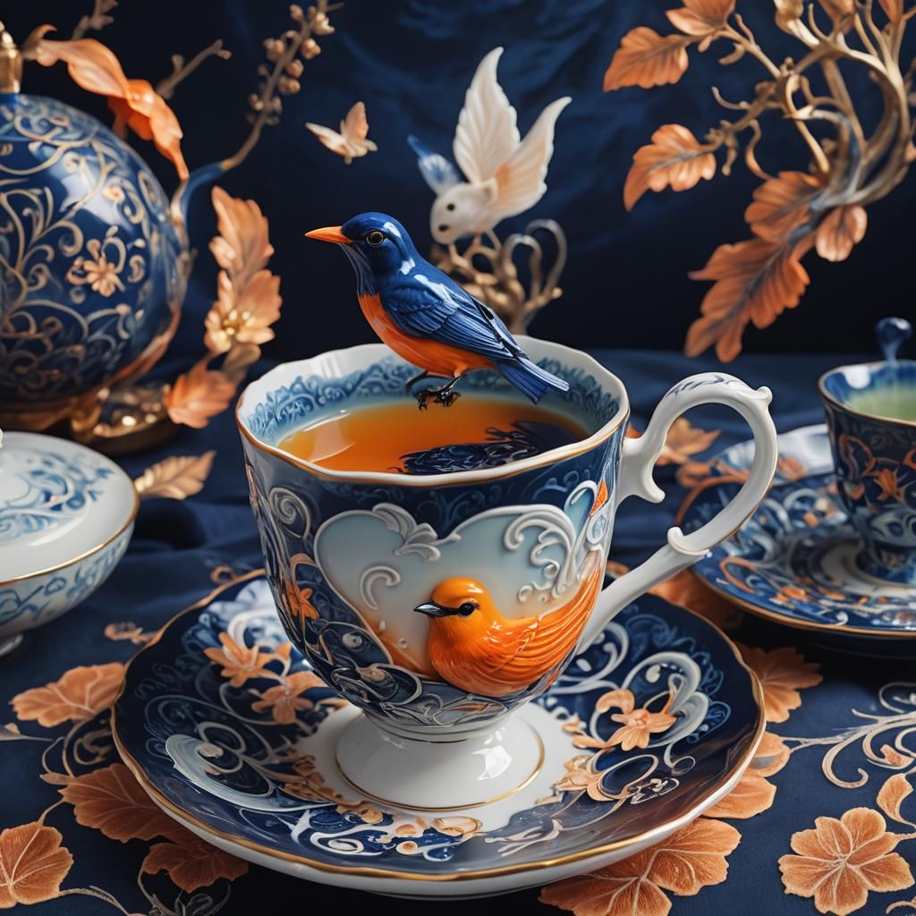 Orange Bird and Aurora Teacup in Photorealistic Art