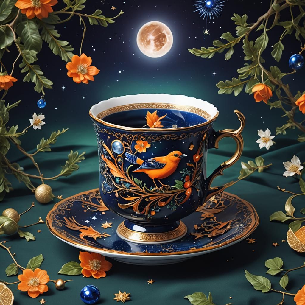 Orange Bird and Midnight Teacup: Fantasy Digital Art
